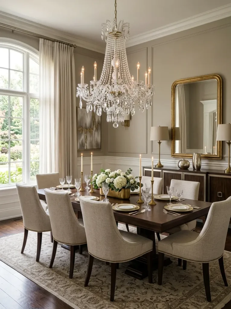 Sparkling crystal chandelier creating elegant reflections above a formal dining table.