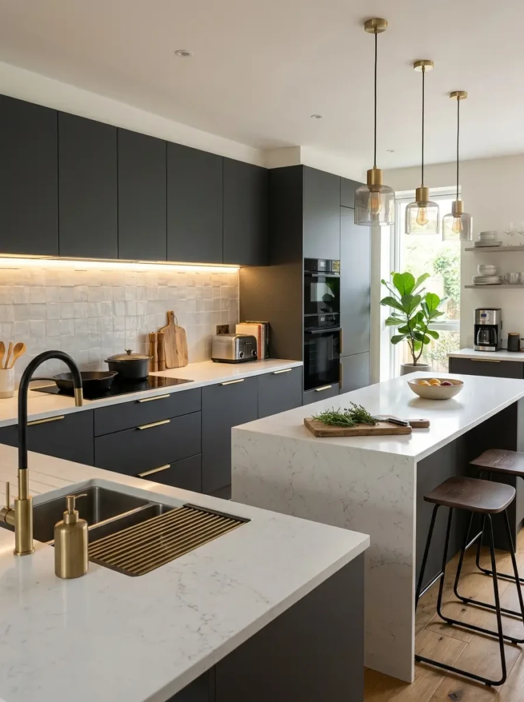 Charcoal gray cabinetry complemented by white quartz countertops and metallic hardware accents.