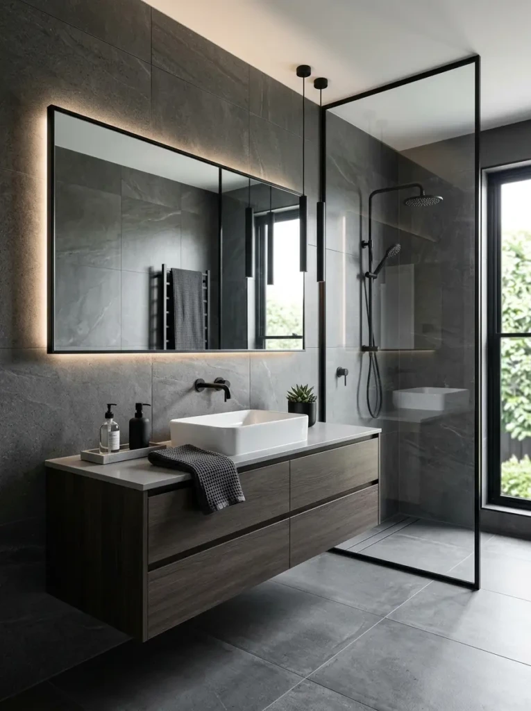 Contemporary charcoal gray bathroom with floating vanity, sleek fixtures, and minimalist decor.