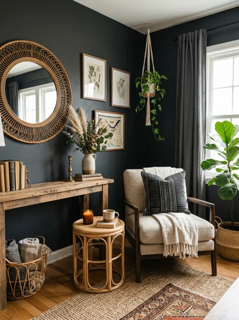 Charcoal bedroom walls paired with wood furniture and linen textiles.