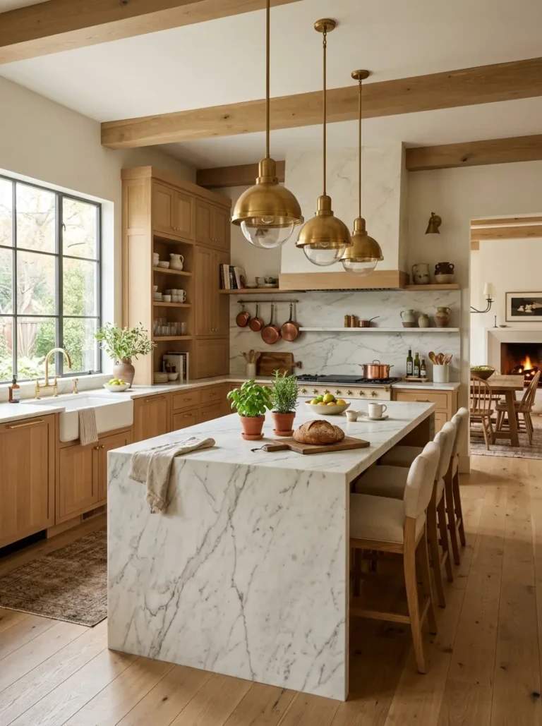 Elegant chefs kitchen featuring a marble island, warm pendant lighting, natural wood cabinetry, and professional appliances.