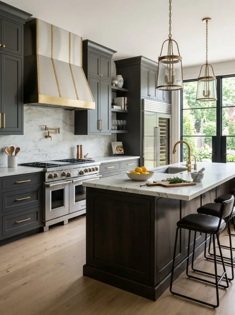 Sophisticated chefs kitchen combining brass hardware, stainless steel appliances, and black accents.