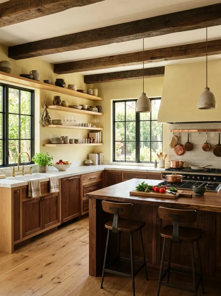 Chefs kitchen featuring oak shelving, walnut accents, and natural wood textures for a cozy atmosphere.