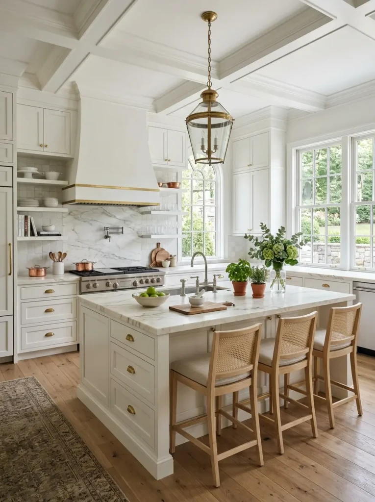 Timeless chefs kitchen featuring white cabinetry, natural stone surfaces, and elegant architectural details.