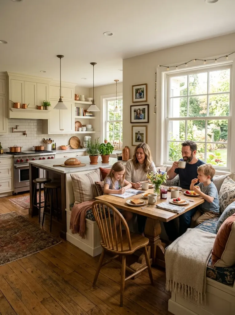 Comfortable kitchen seating with cushions, warm textiles, and a welcoming gathering space.