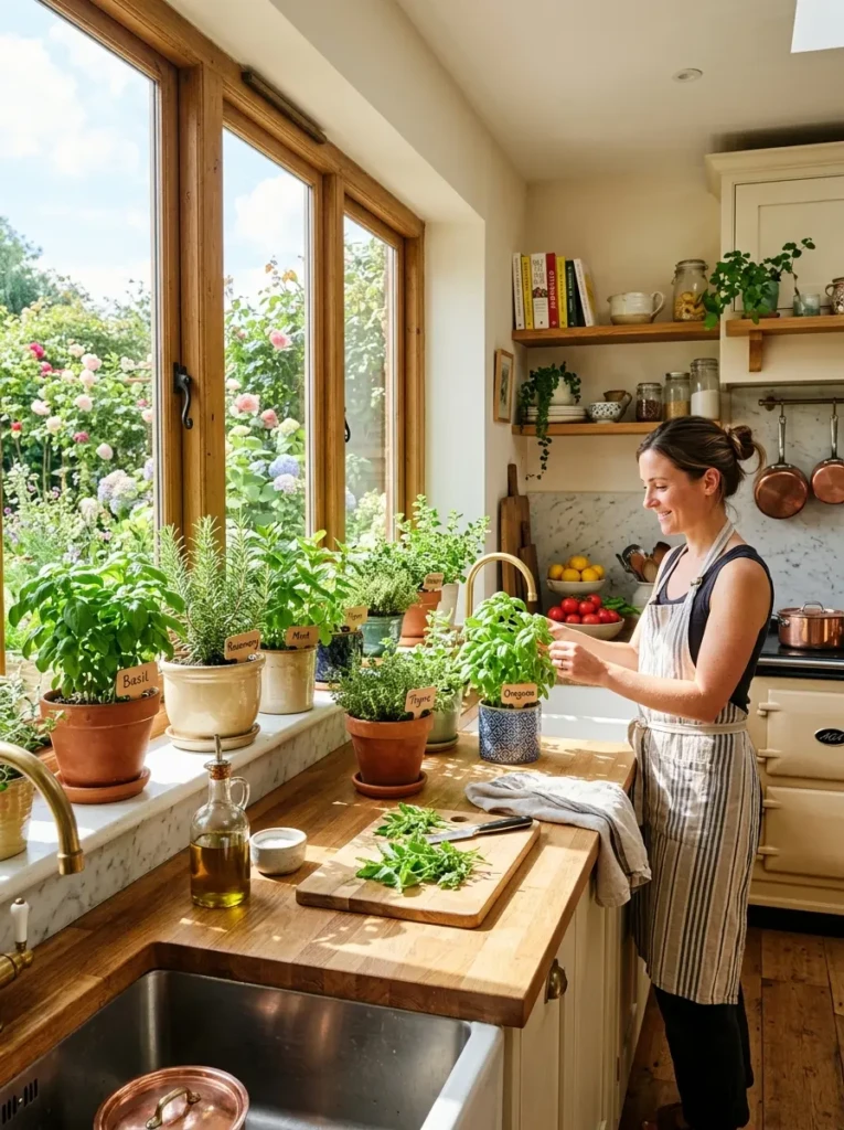 Bright kitchen with basil, rosemary, and other fresh herbs growing in decorative pots by the window.