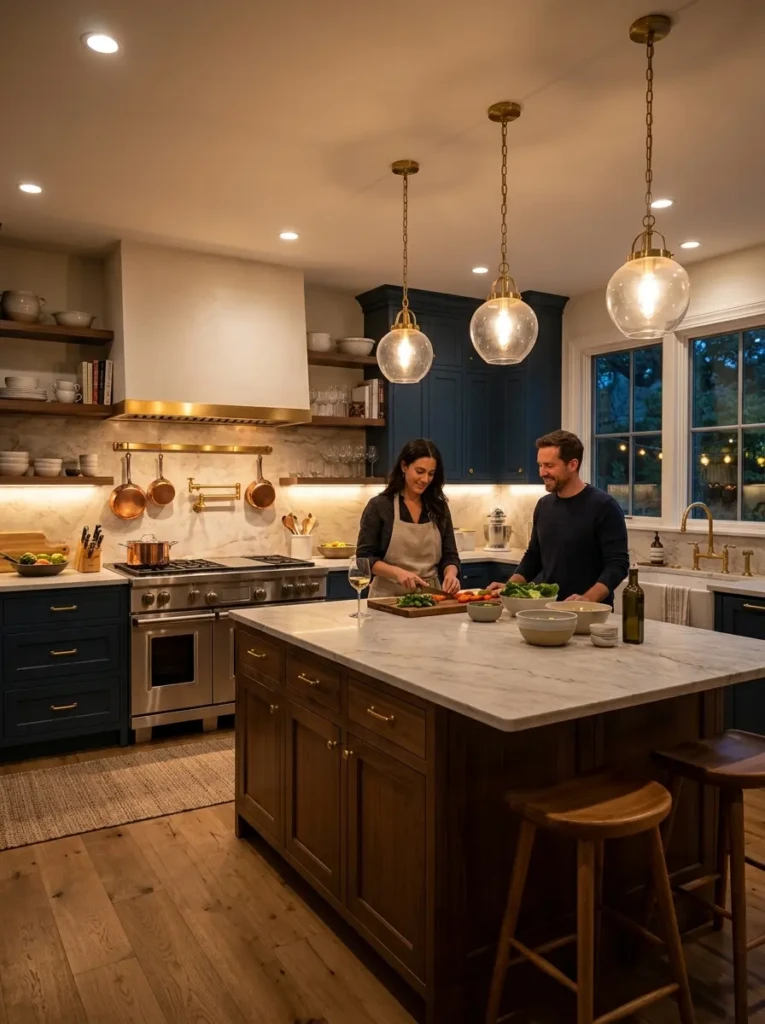 Warm chefs kitchen illuminated with pendant lights, under-cabinet lighting, and soft ambient glow.