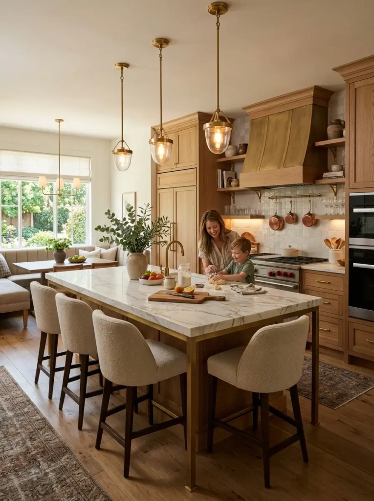 Beautiful chefs kitchen combining marble countertops, warm lighting, natural wood accents, greenery, and luxury finishes.