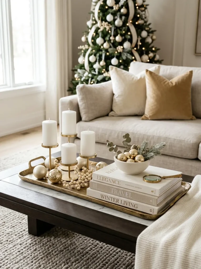 Elegant coffee table styled with white candles, gold ornaments, and sophisticated Christmas decorations.