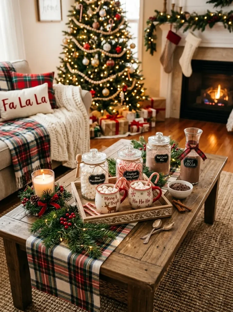 Festive hot cocoa setup with mugs, marshmallows, candy canes, and holiday decorations on a coffee table.