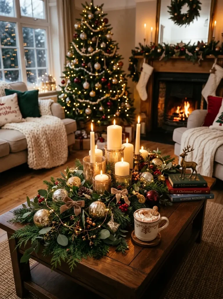 Stylish Christmas coffee table centerpiece with candles, ornaments, and greenery creating a warm holiday atmosphere.