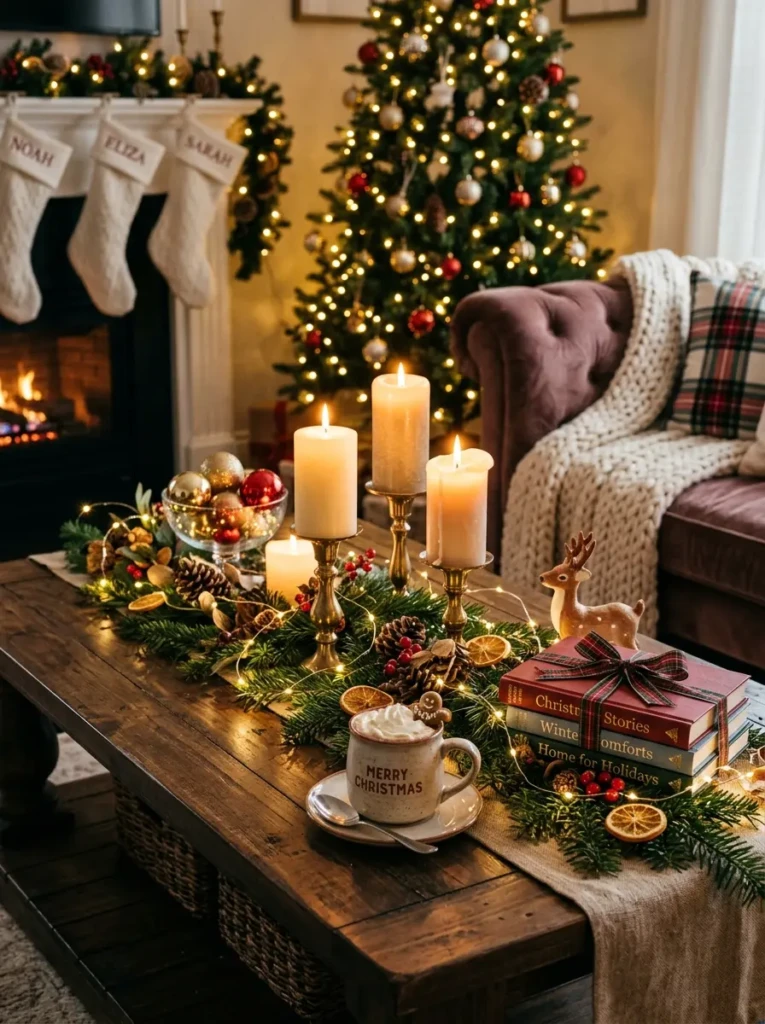 Christmas coffee table illuminated by candles and fairy lights for a warm festive atmosphere