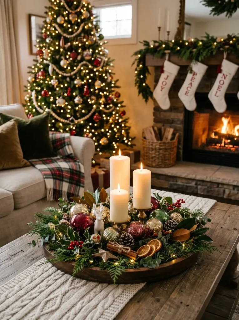 Decorative holiday tray with candles, ornaments, greenery, and layered Christmas decor elements.
