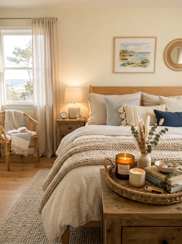 Thoughtfully layered coastal accessories creating a cozy bedroom retreat