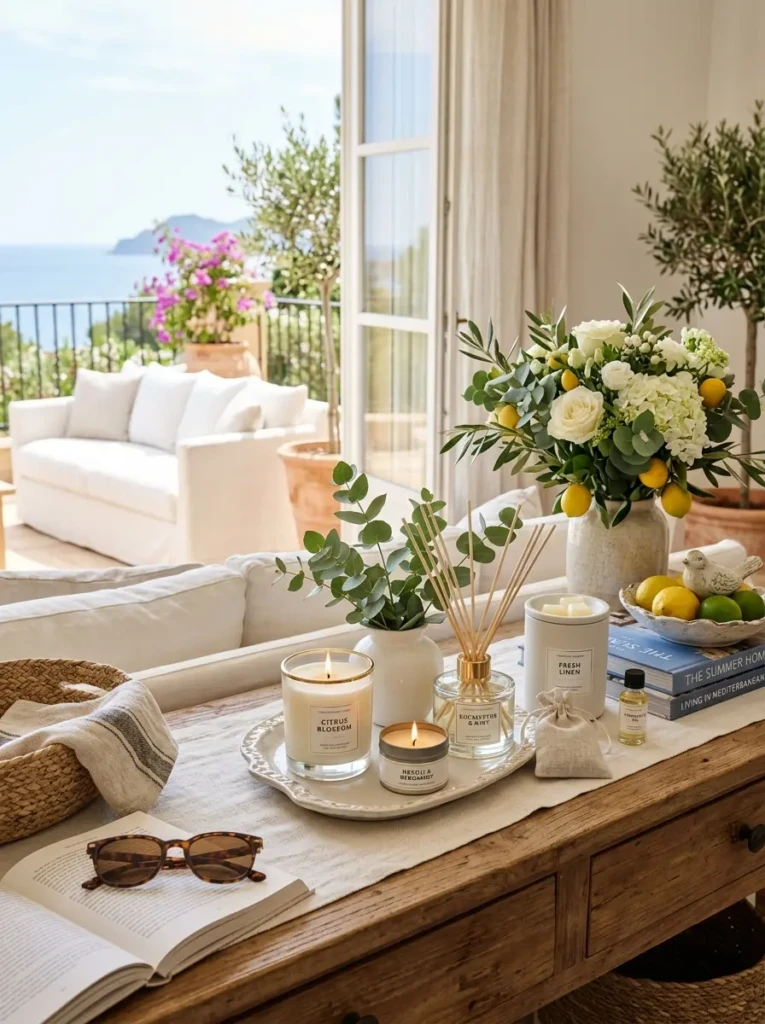Decorative diffuser and scented candles arranged on a stylish tabletop.