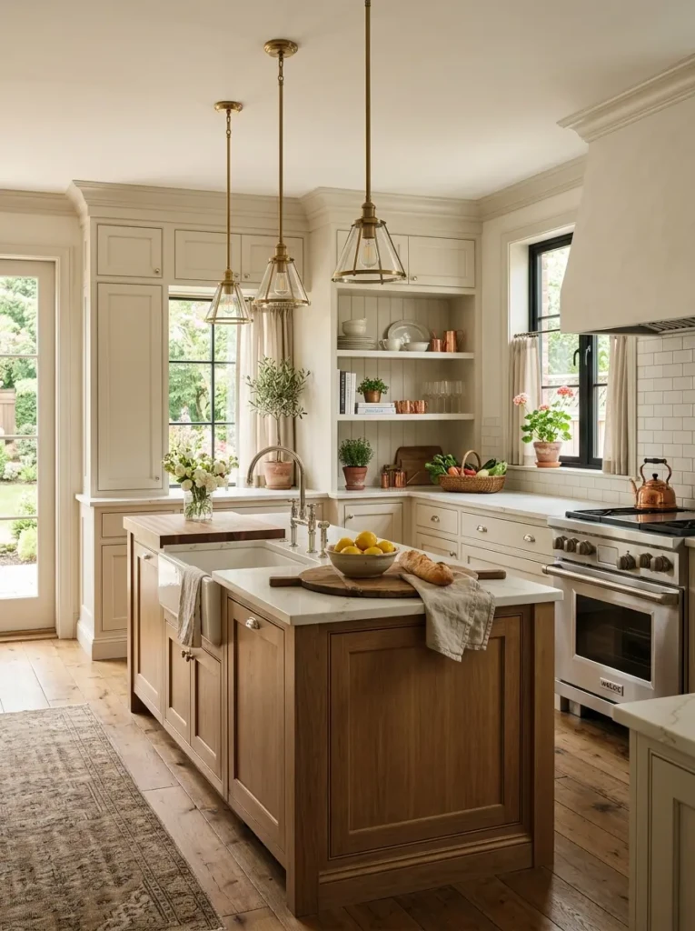 Traditional-modern kitchen showcasing timeless shaker cabinets and elegant craftsmanship.