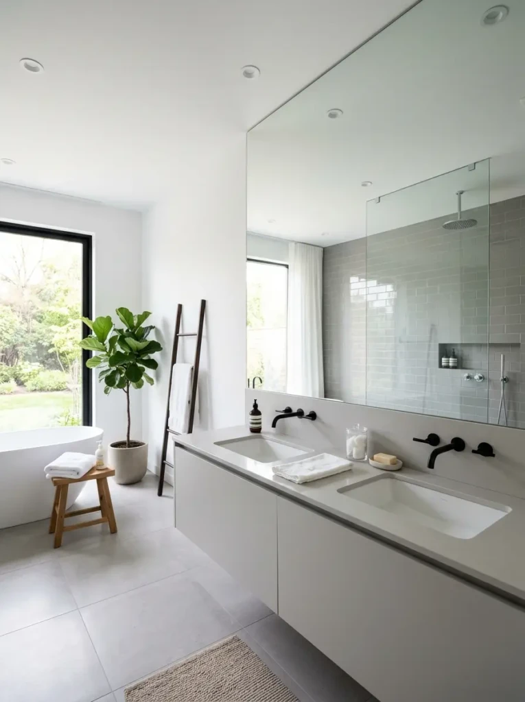 Clean contemporary bathroom featuring a sleek frameless mirror.