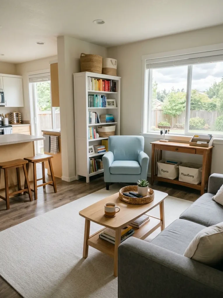 Storage ottoman and shelving providing organization in an open-plan room.