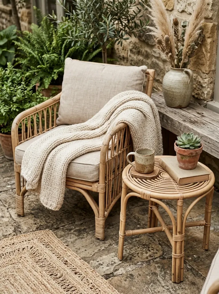 Close-up of rattan, ceramic, wood, and stone textures used in patio decor.