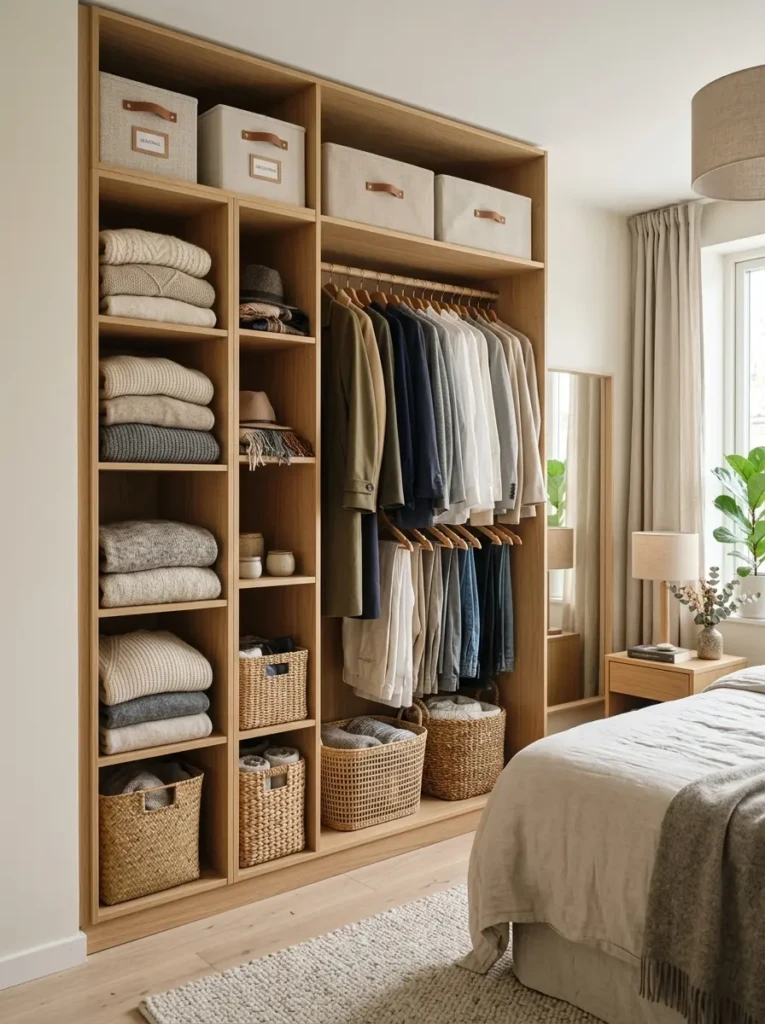 Open wardrobe featuring woven baskets, folded clothing, and modern bedroom styling.