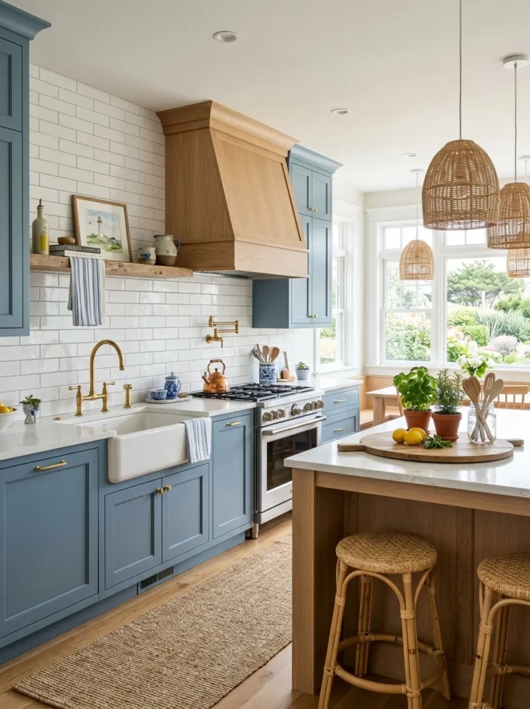 Dusty blue kitchen cabinets paired with white subway tile, woven textures, and light wood accents.