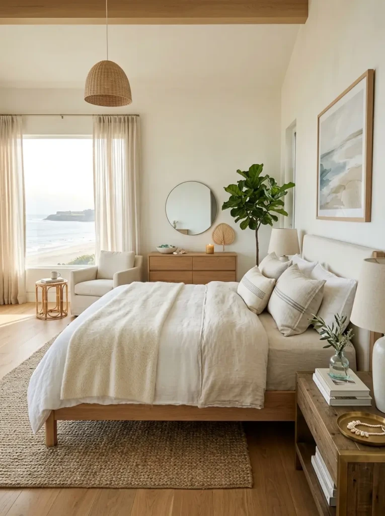 Minimal beach bedroom featuring carefully selected decorative accents