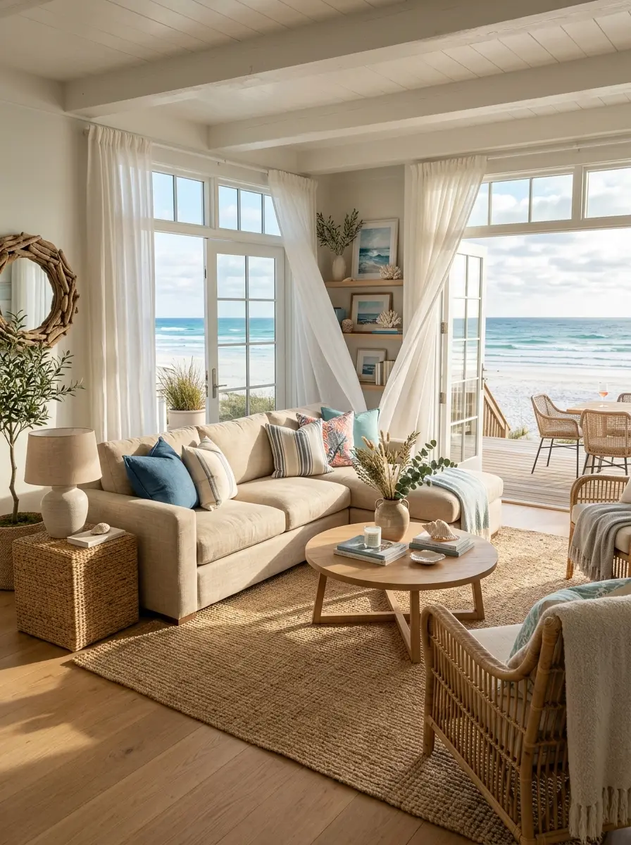 Bright coastal beach living room with linen furniture, ocean-inspired colors, natural textures, and warm sunlight creating an airy seaside retreat.