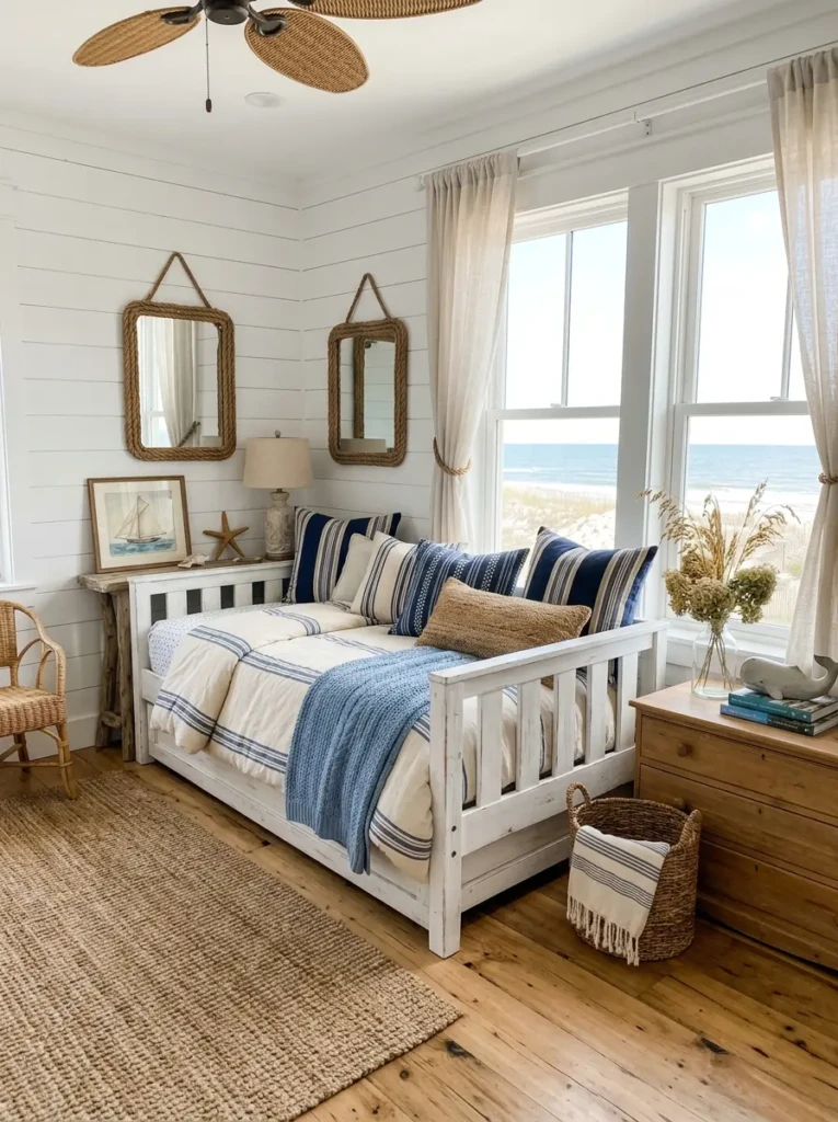 Coastal-style bedroom with a white day bed, blue linens, woven textures, and breezy beach-inspired decor.