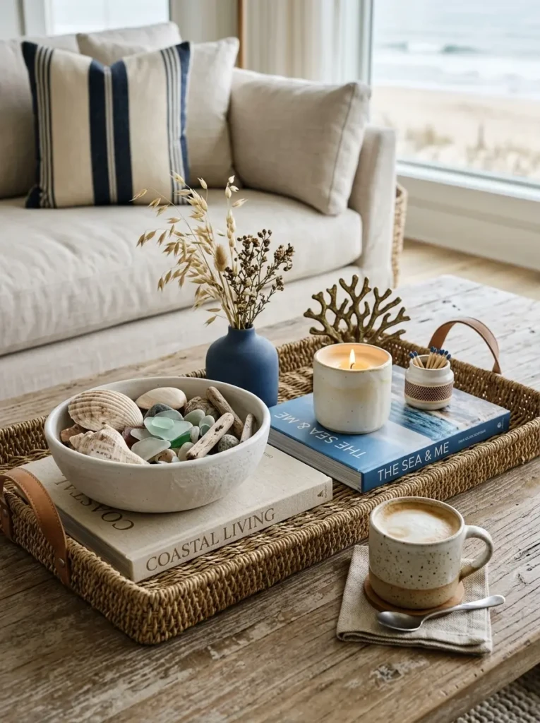 Curated coffee table arrangement with decorative tray, ceramics, and natural coastal accents.