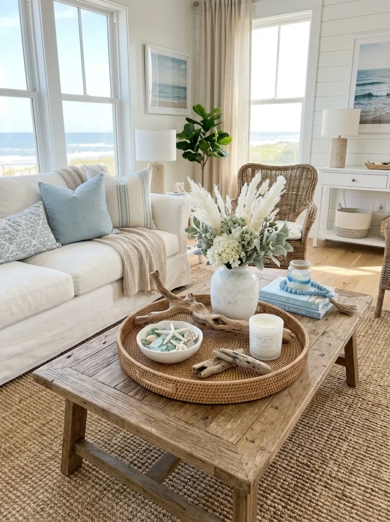 Coastal-inspired coffee table with woven tray, white ceramics, and soft blue accents.