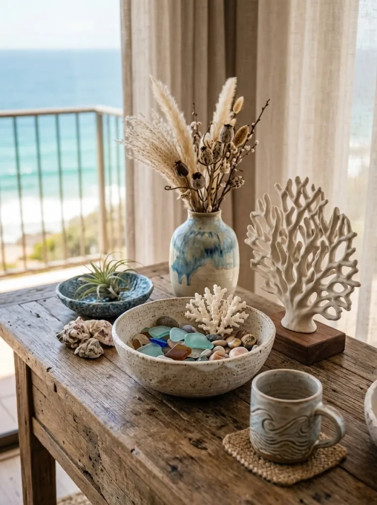 Close-up of handcrafted ceramics, coral-inspired sculptures, and textured coastal accessories.