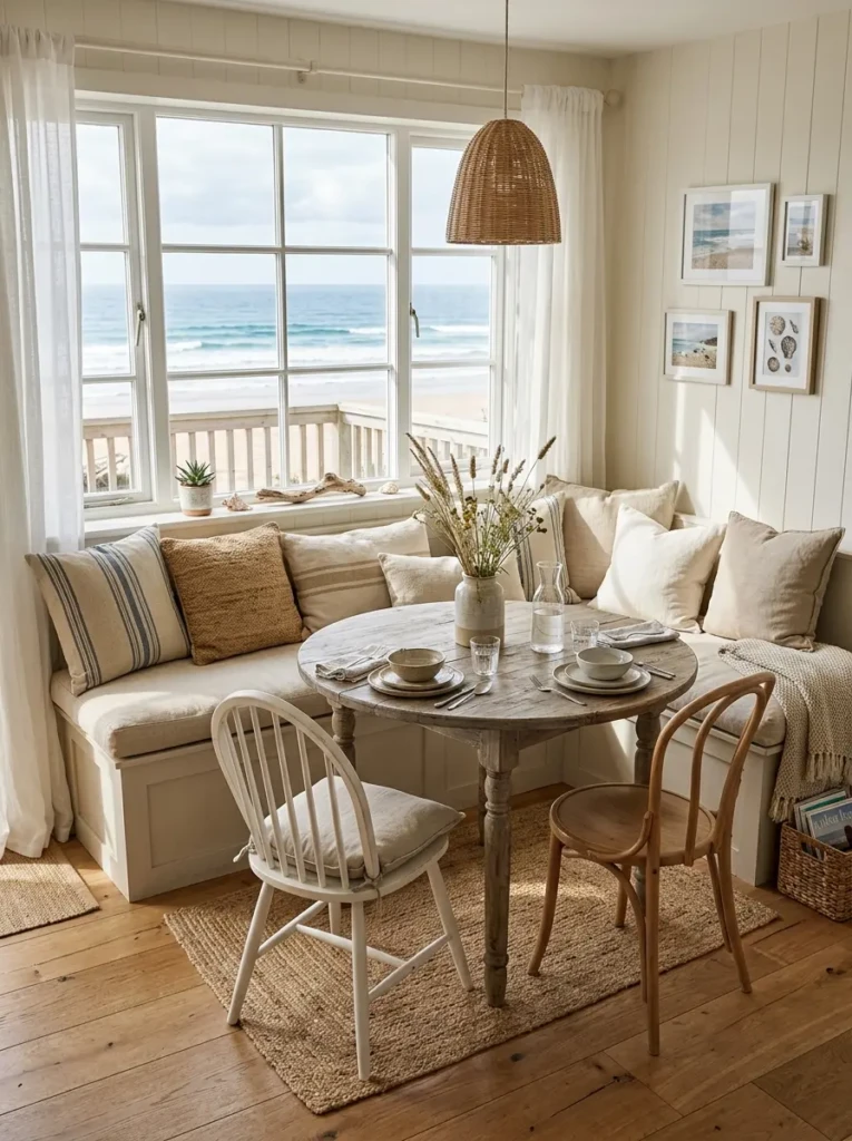 Beach-inspired dining nook with linen cushions and neutral coastal decor.