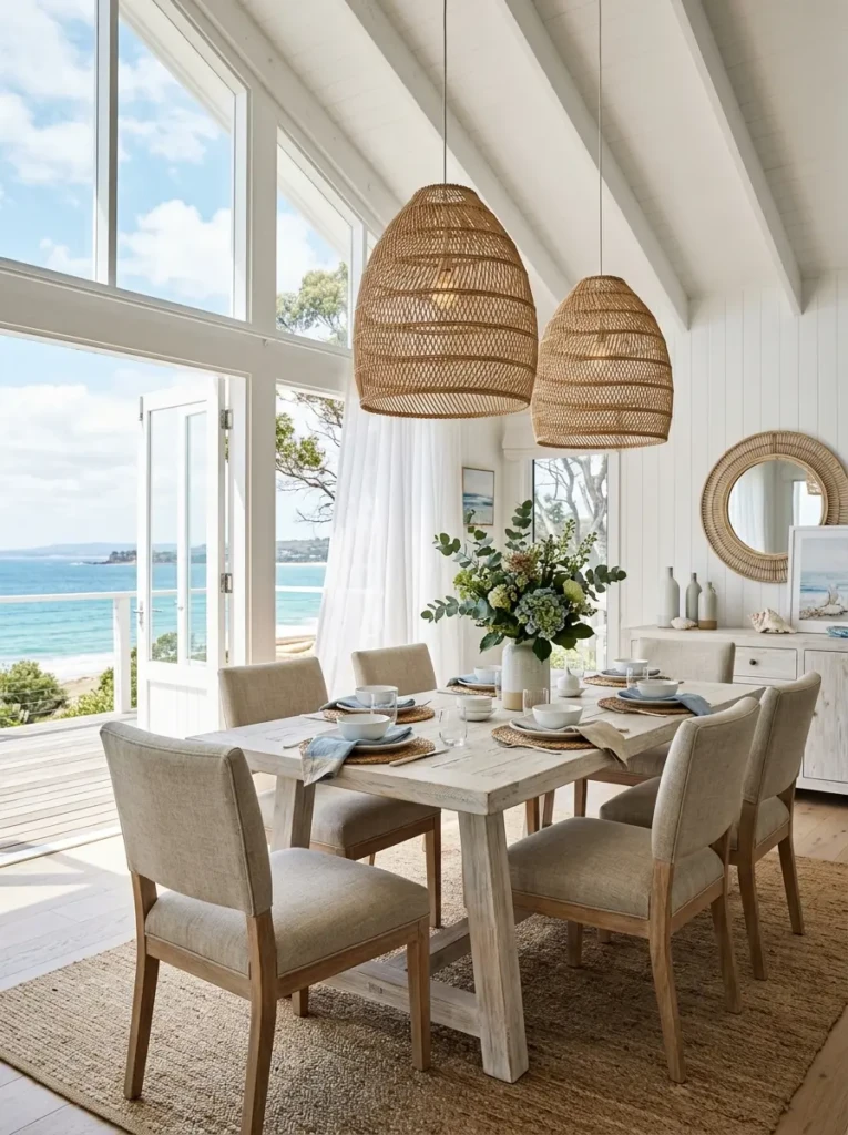 Coastal-style dining room with whitewashed wood furniture, woven lighting, linen fabrics, and soft blue accents.