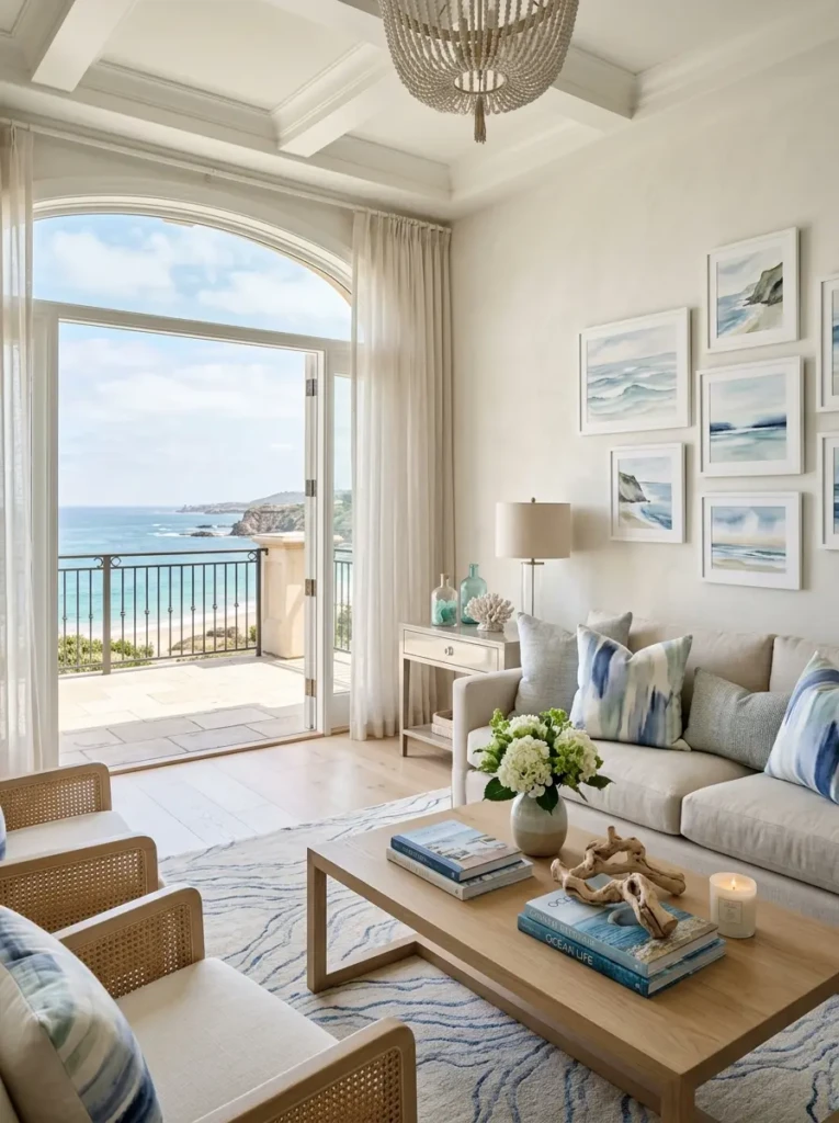 Elegant beach-inspired interior with subtle watercolor textiles and ocean-inspired decorative accents.