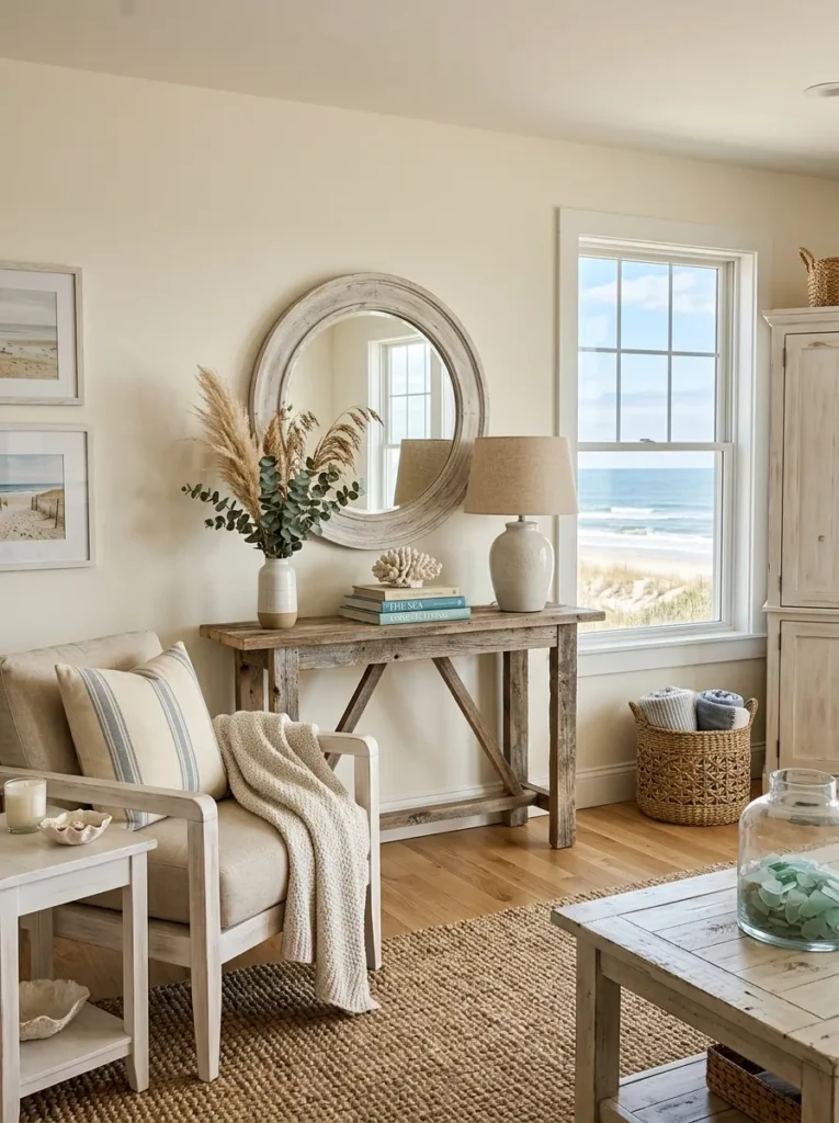Beach house living room with reclaimed wood furniture, whitewashed finishes, and soft neutral colors.