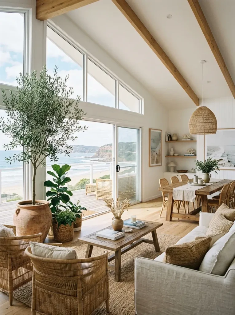 Stylish coastal living room decorated with olive trees, lush plants, and woven textures.