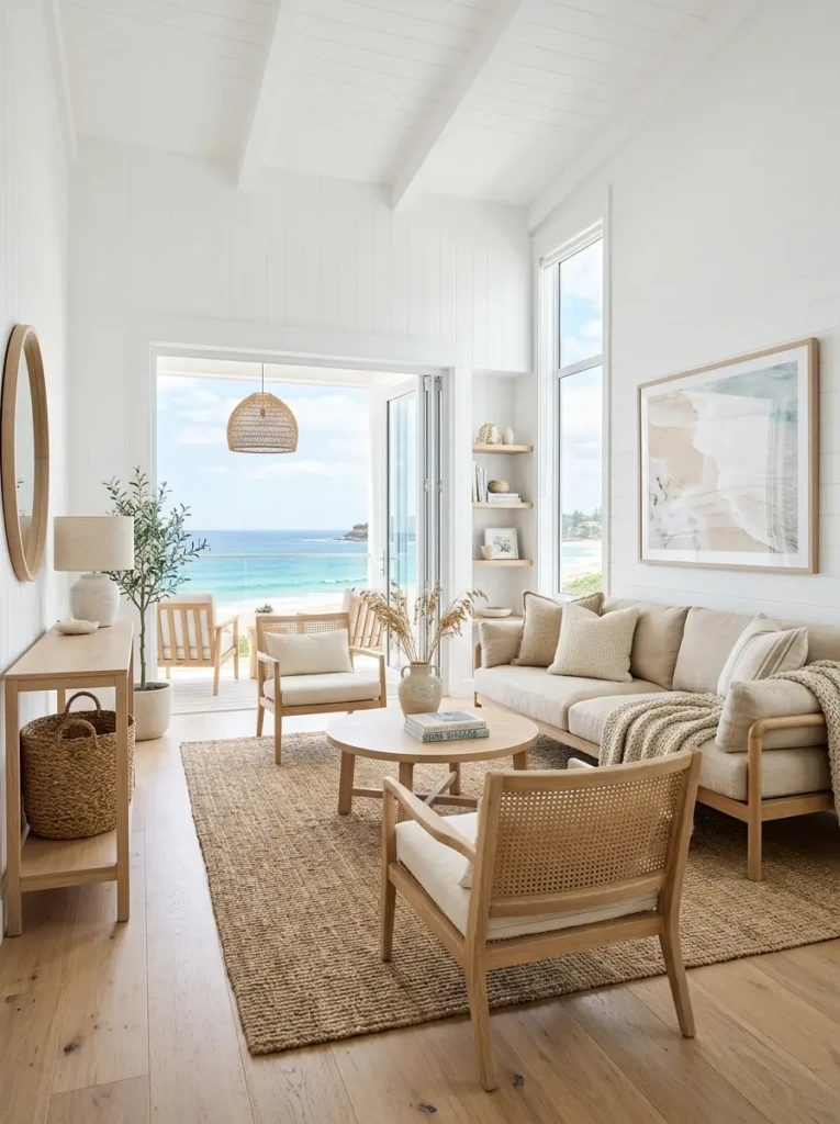 Coastal interior featuring white furniture, light wood finishes, and woven decorative accents.