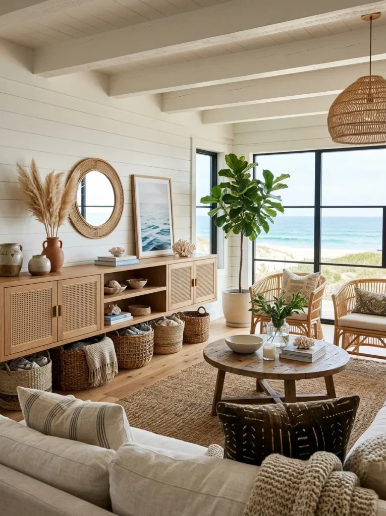 Detailed view of woven storage baskets, cane-front cabinets, and textured coastal decor elements.