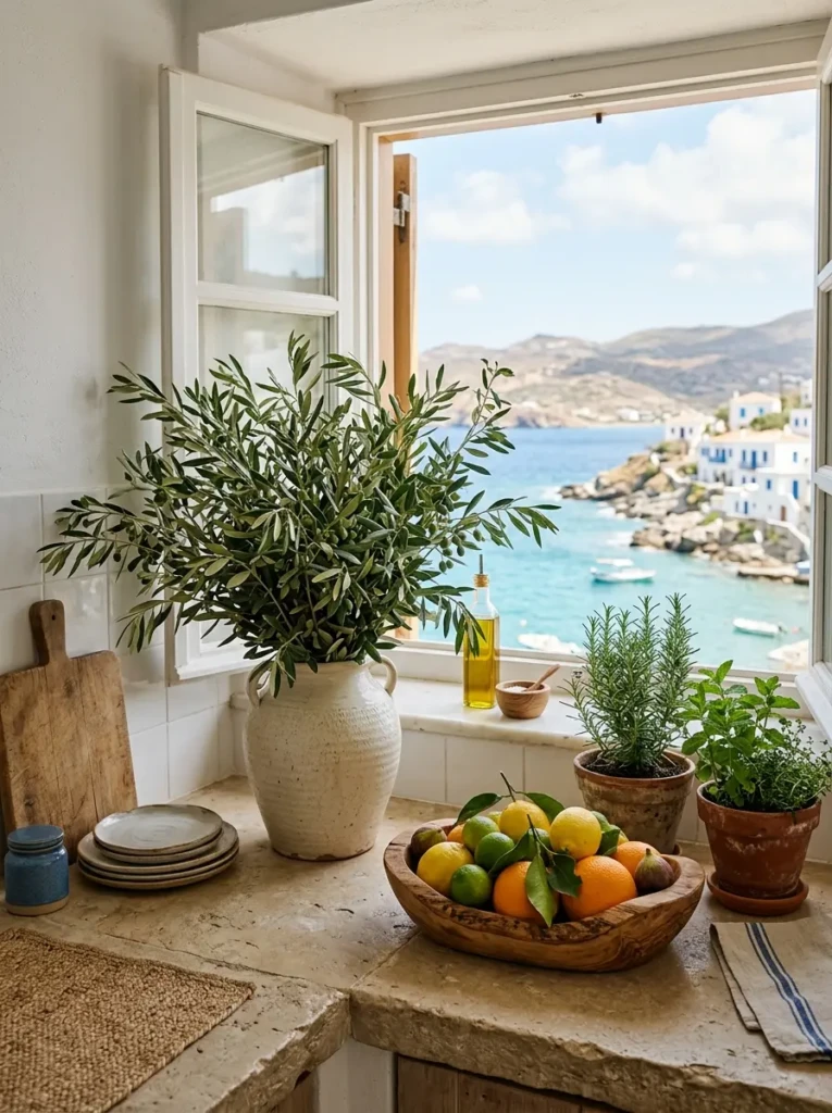 Beach kitchen countertop styled with citrus fruits and olive branches.