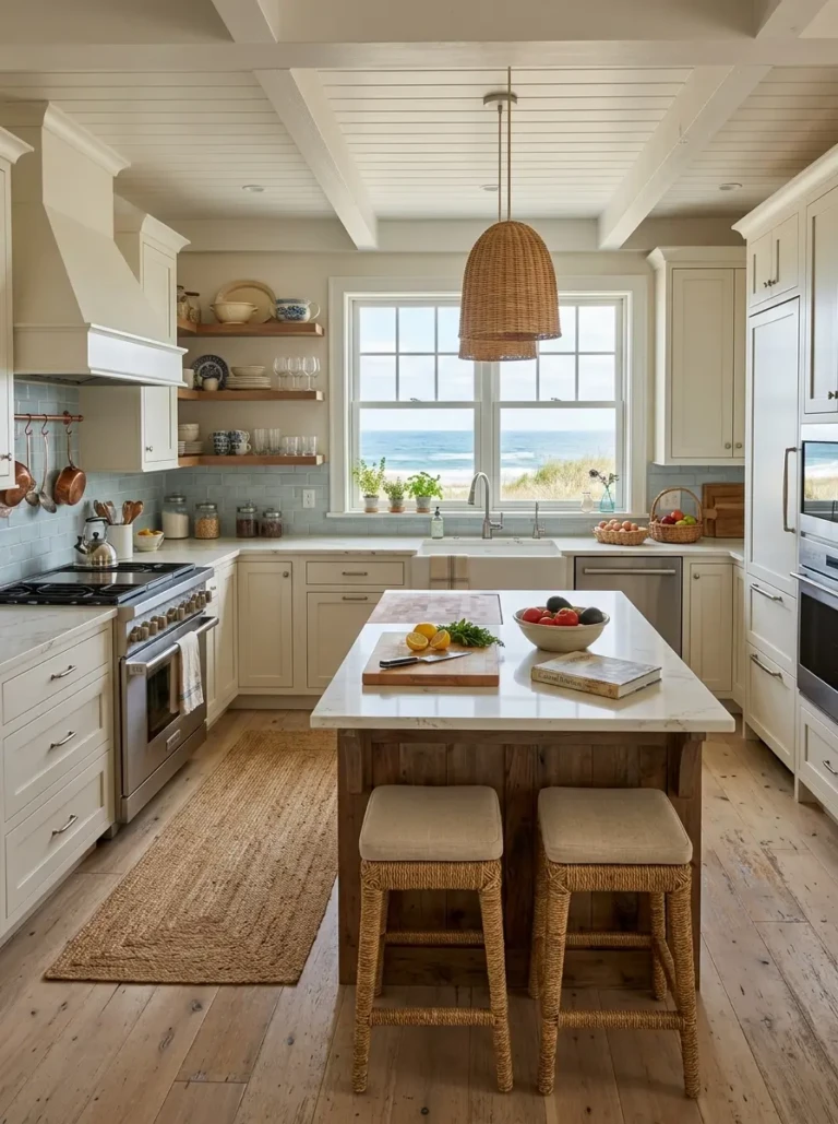 Stylish beach-inspired kitchen with soft colors and a welcoming coastal atmosphere.