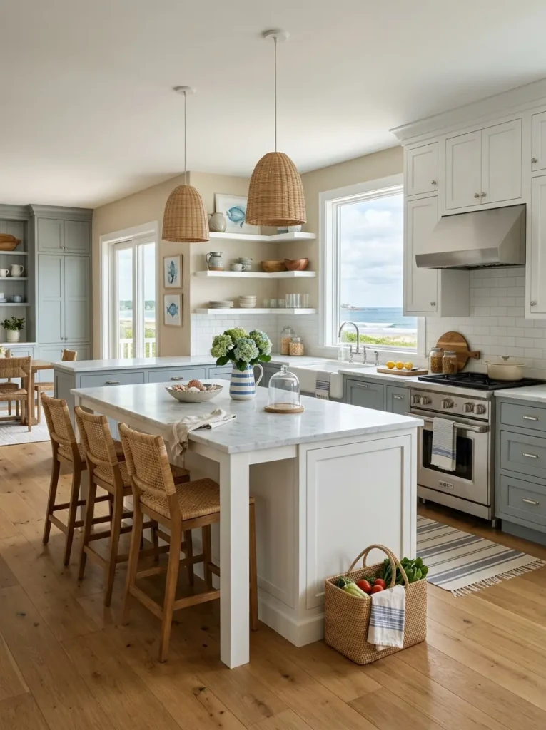 Elegant kitchen featuring muted ocean-inspired colors and timeless beach house style.