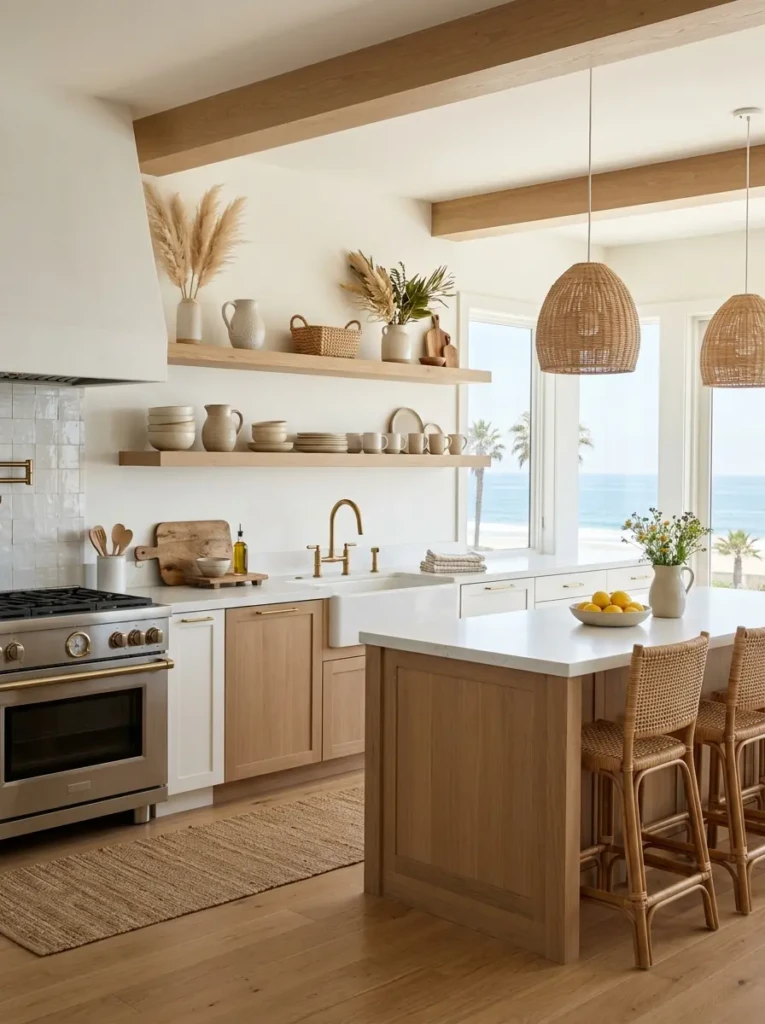 Minimalist beach kitchen featuring neatly styled open shelves and neutral decor.