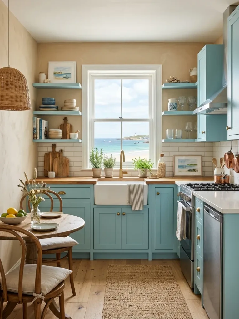 Coastal kitchen featuring sandy beige walls, aqua cabinets, and elegant matte finishes.