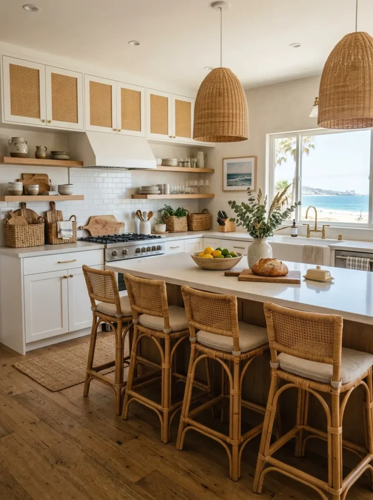 Beach kitchen featuring rattan stools, cane cabinets, and woven textures.