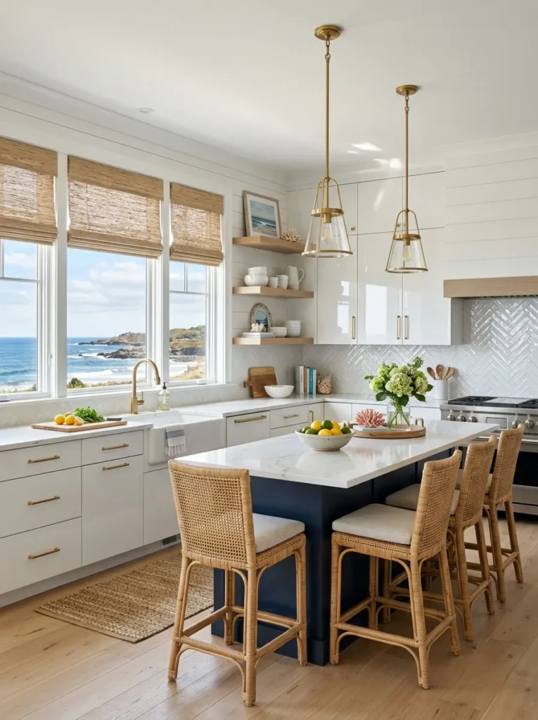 White beach kitchen with glossy surfaces and woven shades maximizing natural light.