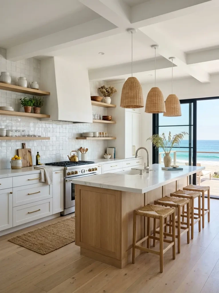 Bright beach kitchen with textured white tile backsplash and timeless appeal.