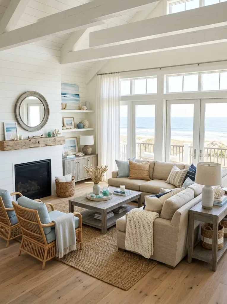 Beach-inspired living room featuring pale blue accents, warm white furnishings, driftwood gray details, and layered neutral textures.
