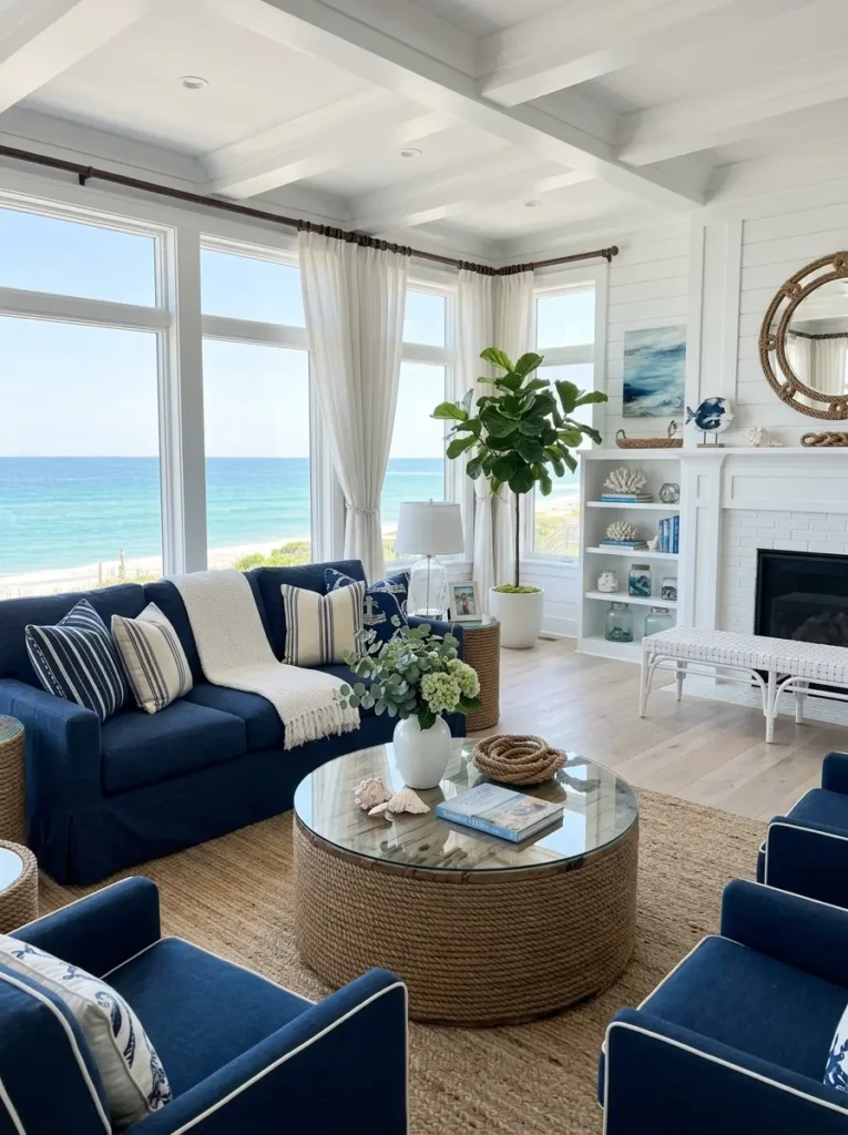 Bright coastal-inspired living room with navy blue furniture, crisp white decor, rope textures, and large sunlit windows.