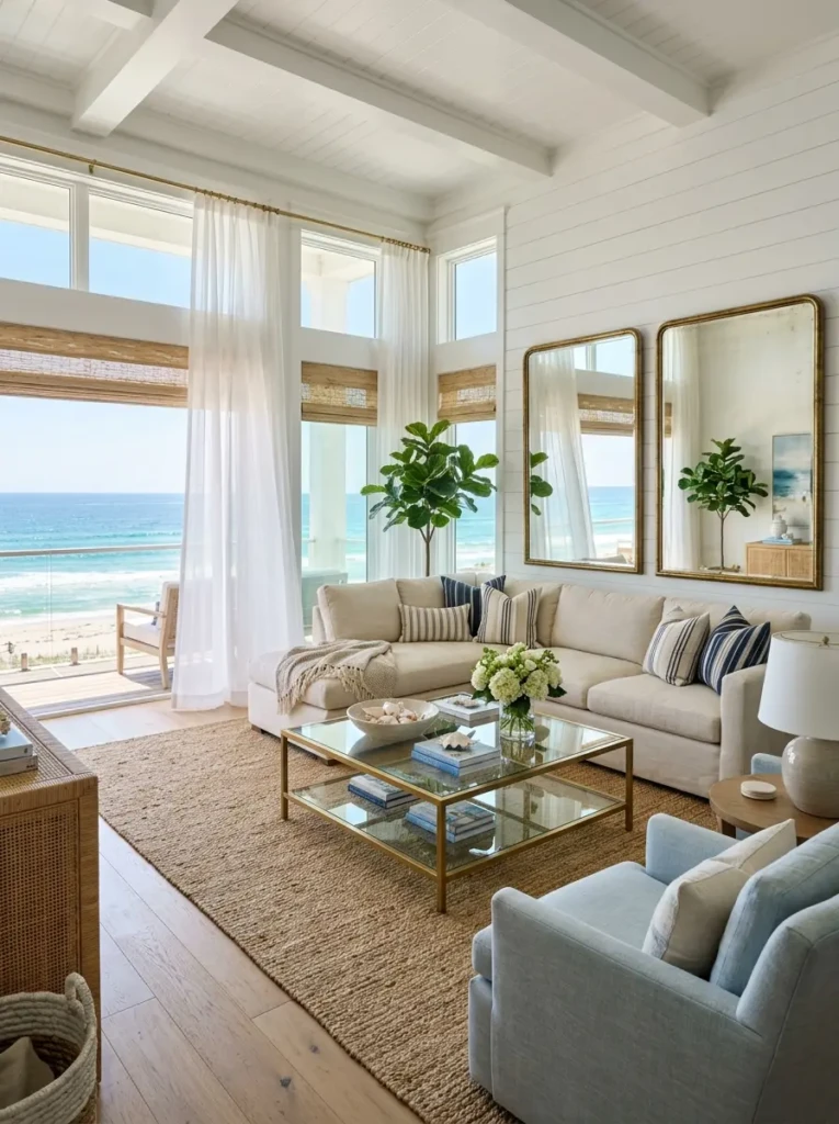Coastal living room with sheer curtains, woven shades, mirrors, and a glass coffee table reflecting sunlight.