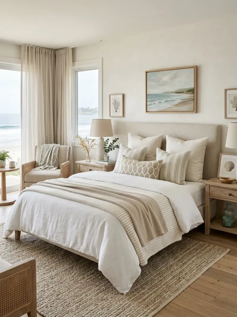 Elegant coastal bedroom featuring tasteful patterned fabrics